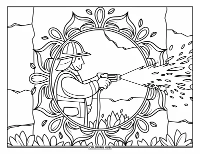 Disegno di pompiere da colorare per adulti: Un pompiere spruzza acqua all'interno di un disegno a mandala floreale circolare