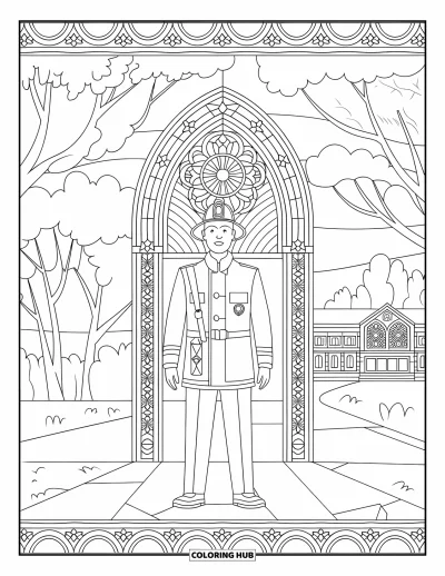 Disegno di pompiere da colorare per adulti: Un pompiere davanti a un arco a vetrate e un paesaggio sereno