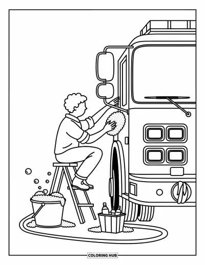 Disegno di pompiere da colorare per adulti: Un pompiere su uno sgabello pulisce il fianco di un camion dei pompiere