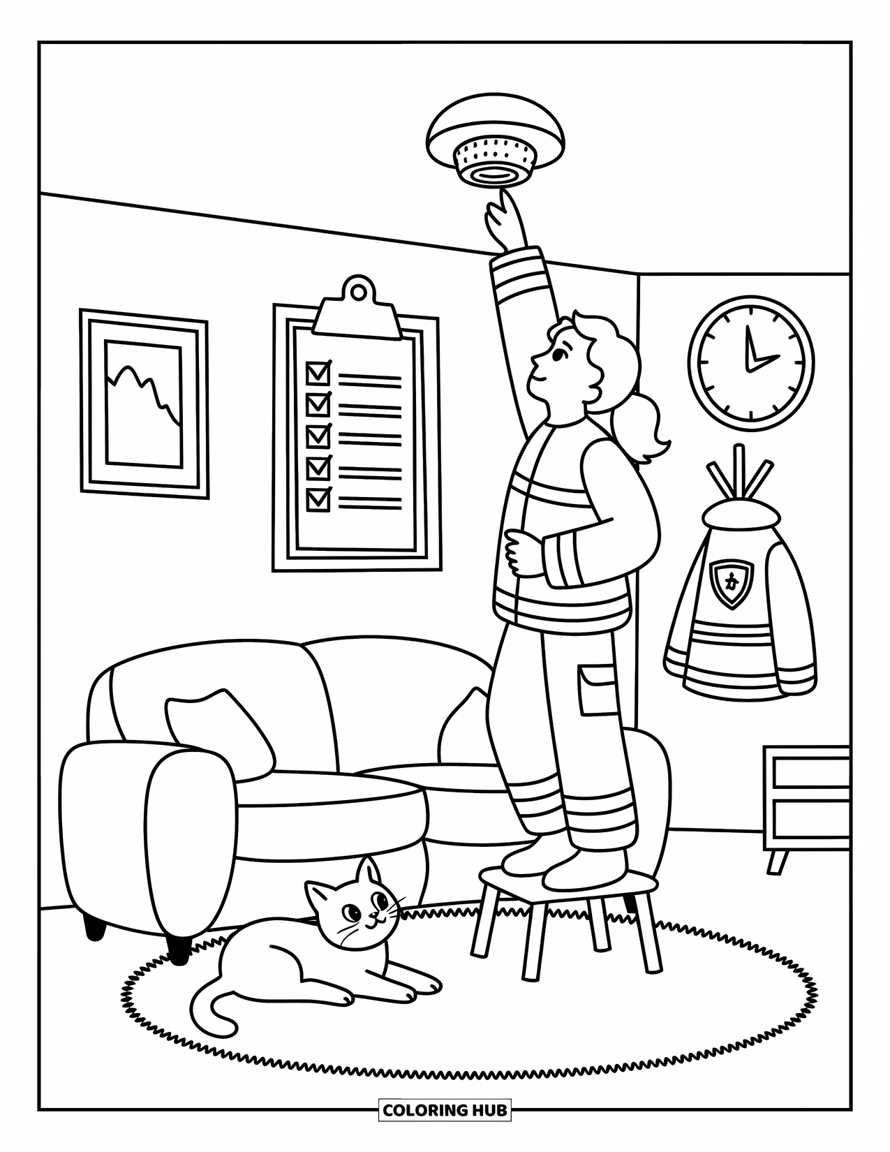 Fireman Coloring Page for Adults: A firefighter stands on a stool testing a ceiling smoke alarm at home