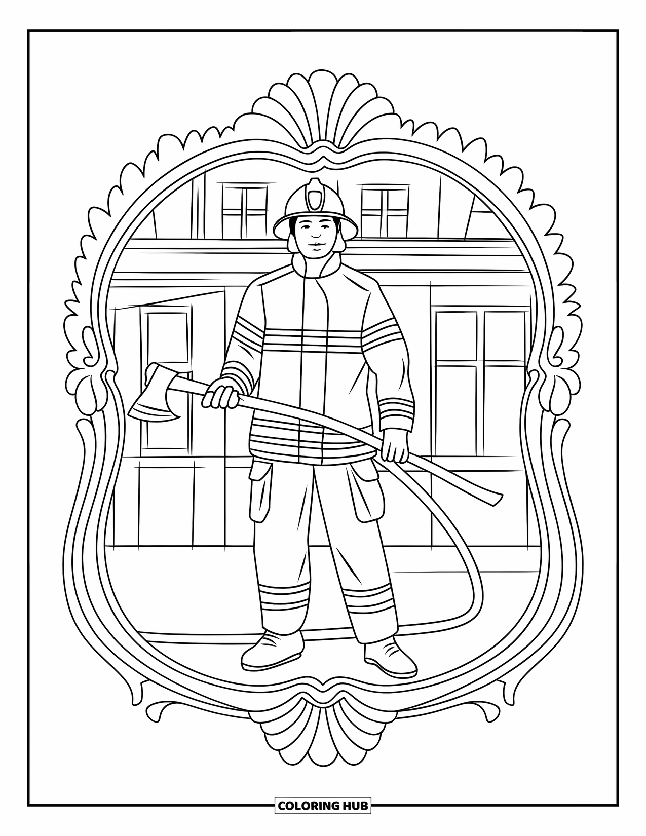Fireman Coloring Page for Adults: A firefighter stands proudly holding an axe and hose inside an ornate frame