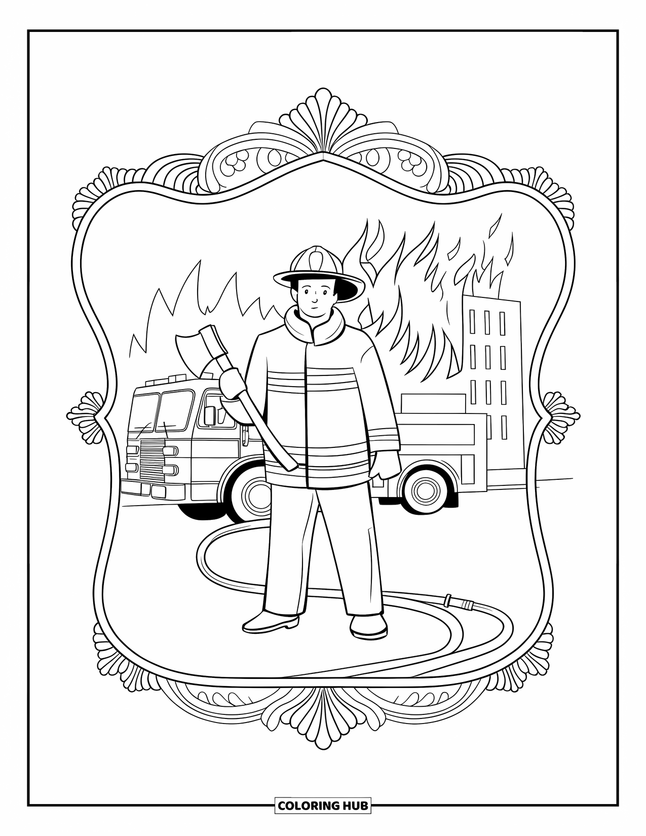 Fireman Coloring Page for Adults: A firefighter stands ready before a fire truck surrounded by smoke
