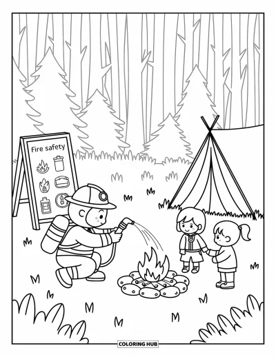 Disegno di pompiere da colorare per adulti: Un pompiere insegna la sicurezza antincendio ai bambini vicino a un fuoco da campo nel bosco