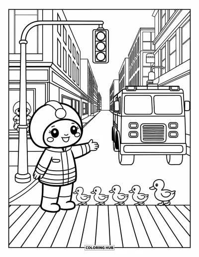 Disegno di pompiere da colorare per adulti: Un pompiere fa cenno per fermare il traffico mentre gli anatroccoli attraversano