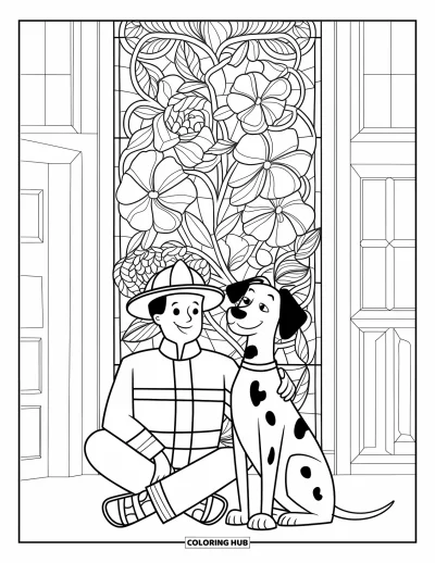 Disegno di pompiere da colorare per adulti: Un pompiere e un dalmata siedono tranquilli davanti a una scena floreale a vetrate
