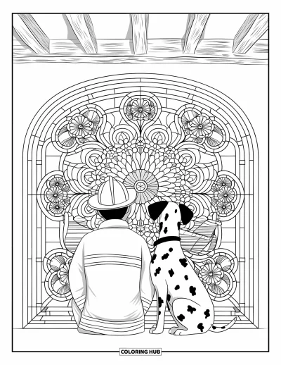 Disegno di pompiere da colorare per adulti: Un pompiere e il suo dalmata siedono in pace davanti a una finestra floreale