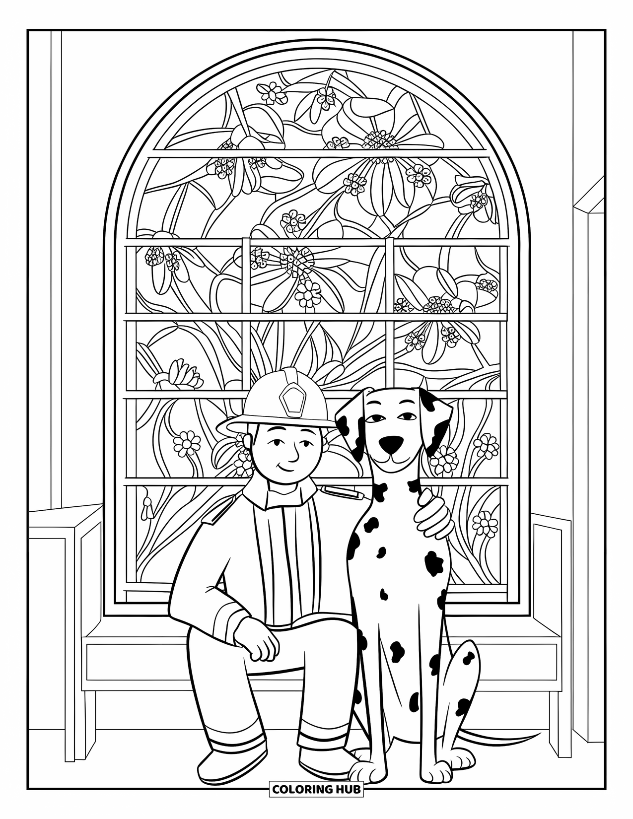Fireman Coloring Page for Adults: A fireman and his dog rest together in front of a patterned window