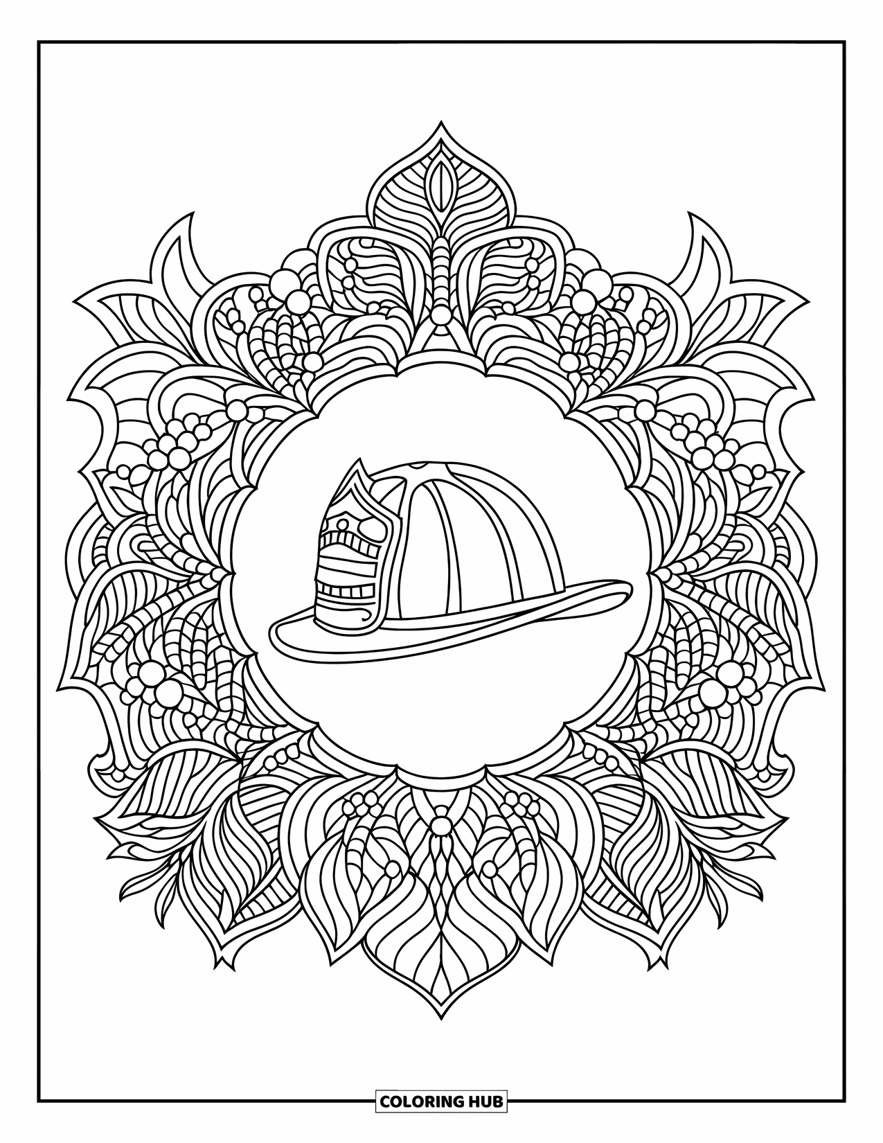 Fireman Coloring Page for Adults: A fireman helmet rests at the center of a leafy floral mandala