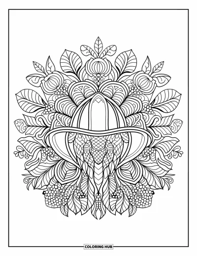 Disegno di pompiere da colorare per adulti: Un elmetto da pompiere circondato da un intricato disegno a mandala botanico
