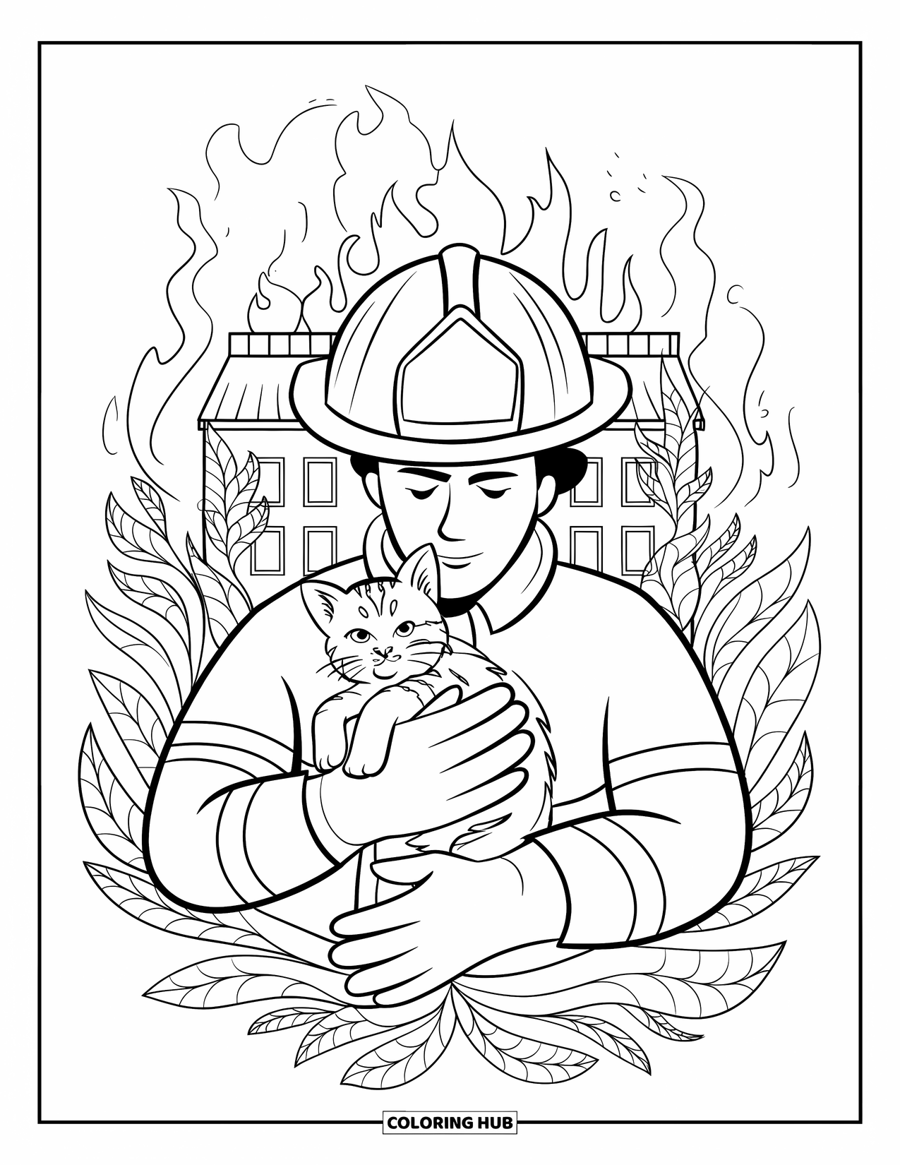Fireman Coloring Page for Adults: A fireman lifts a kitten from danger amid floral leafy patterns