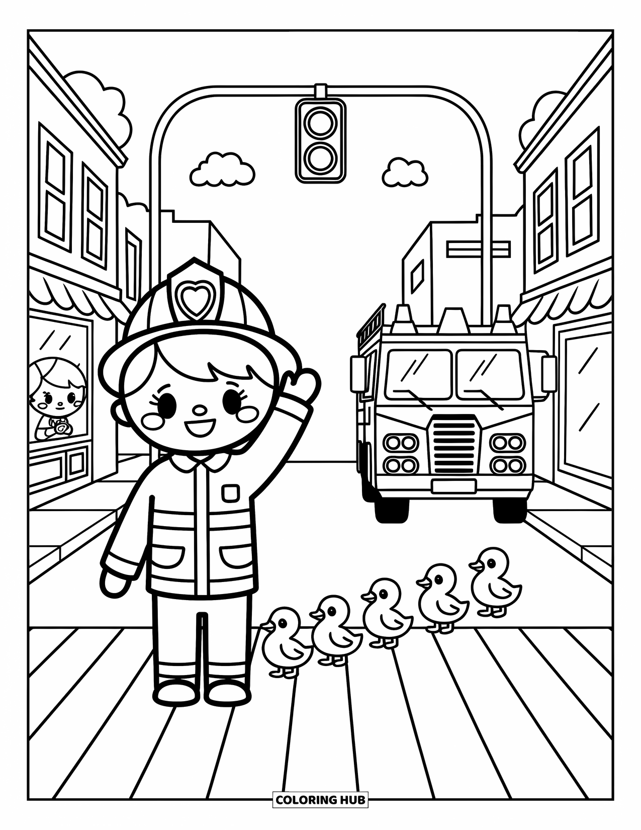 Fireman Coloring Page for Adults: A kind firefighter stops cars for a family of ducklings on the street