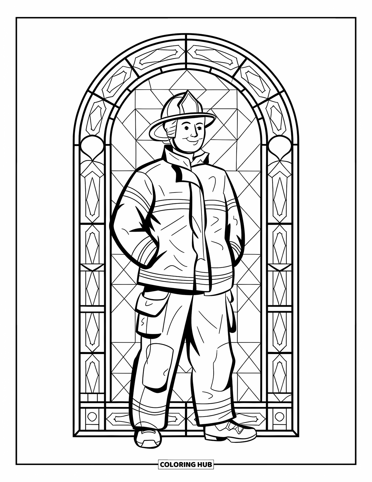 Fireman Coloring Page for Adults: A proud fireman stands beneath a shining stained glass arch