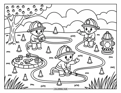 Disegno di pompiere da colorare per adulti: Dei pompiere si allenano in modo giocoso in un parco, puntando tubi e muovendo attrezzatura