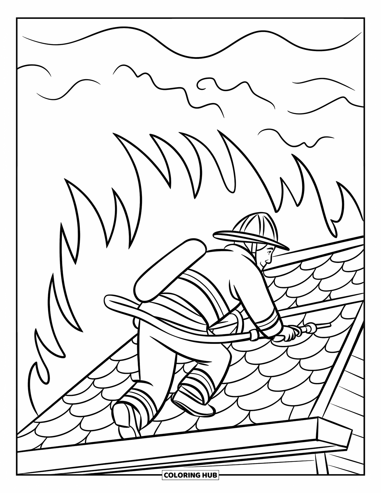 Fireman Coloring Page for Kids: A brave firefighter climbs a roof as flames rise behind him
