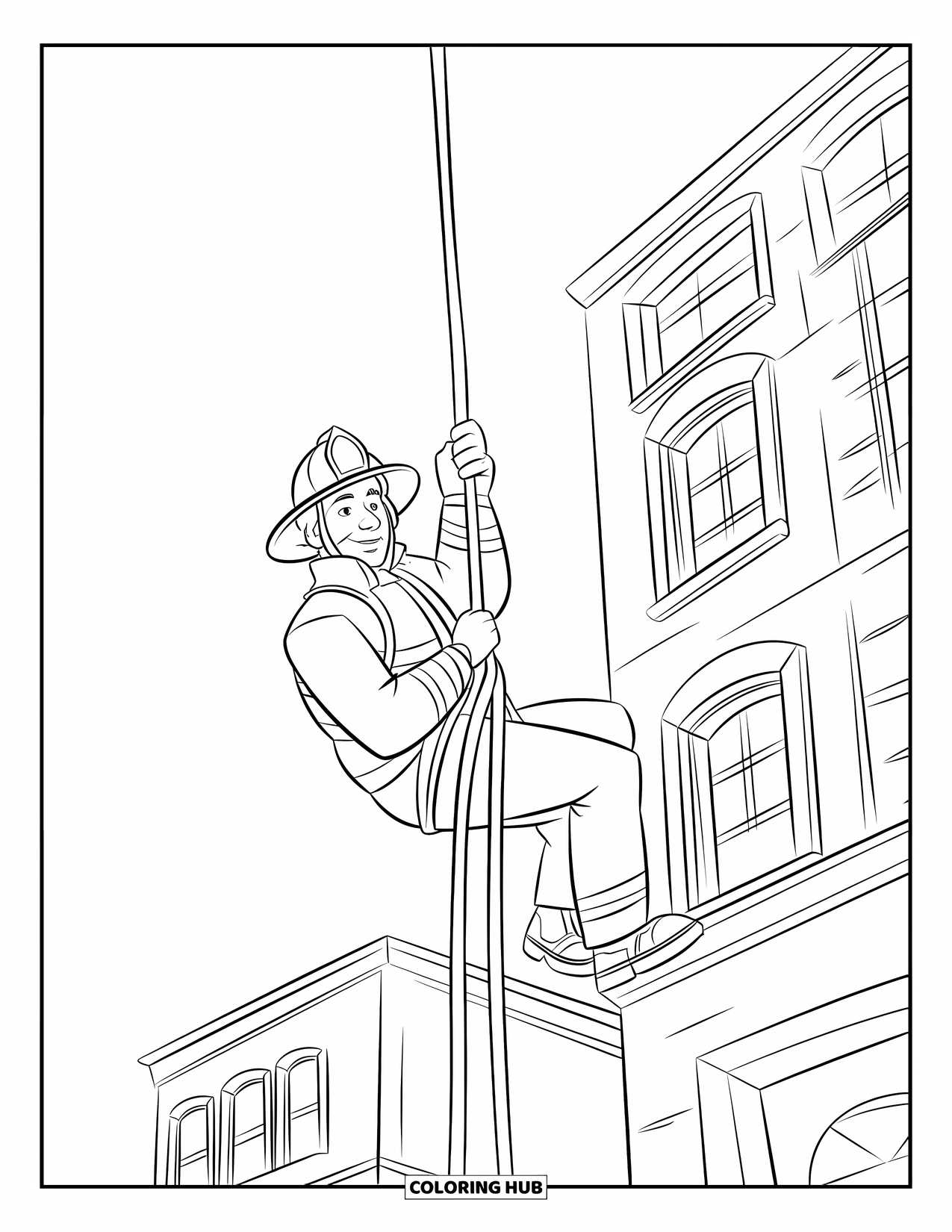 Fireman Coloring Page for Kids: A brave firefighter lowers himself down a building to reach safety