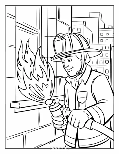 Disegno di pompiere da colorare per bambini: Un coraggioso pompiere spegne le fiamme che escono da una finestra