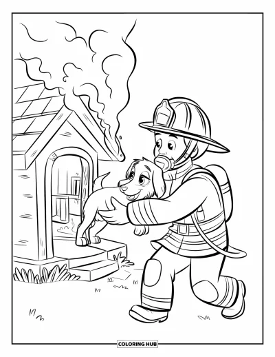 Disegno di pompiere da colorare per bambini: Un coraggioso pompiere salva un cucciolo dal fumo di un cottage