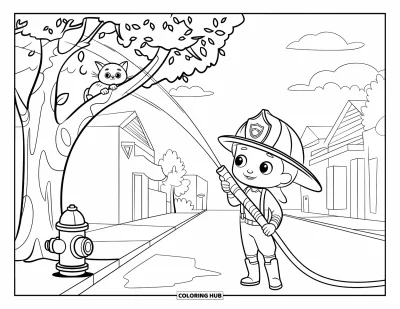 Disegno di pompiere da colorare per bambini: Un pompiere premuroso salva un gattino da un albero frondoso in una giornata di sole