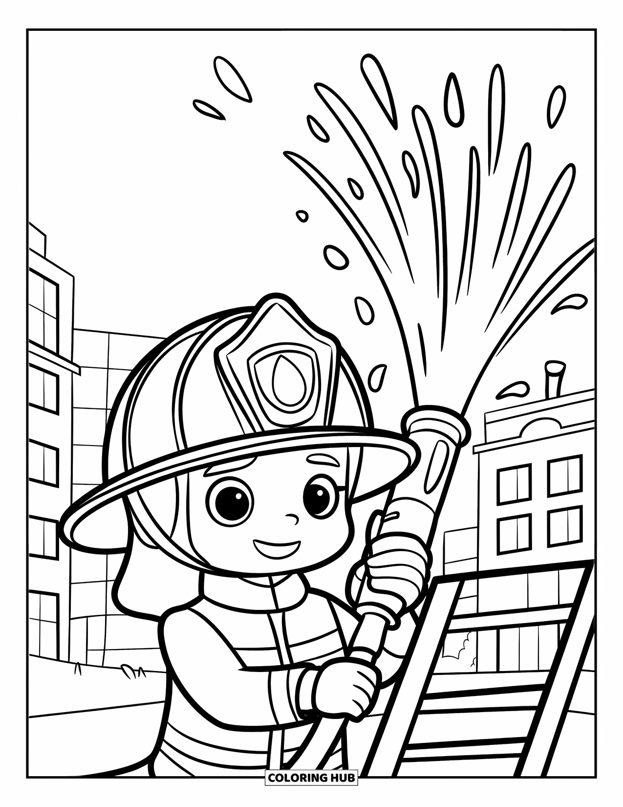 Fireman Coloring Page for Kids: A cheerful chibi firefighter holds a hose spraying water into the air