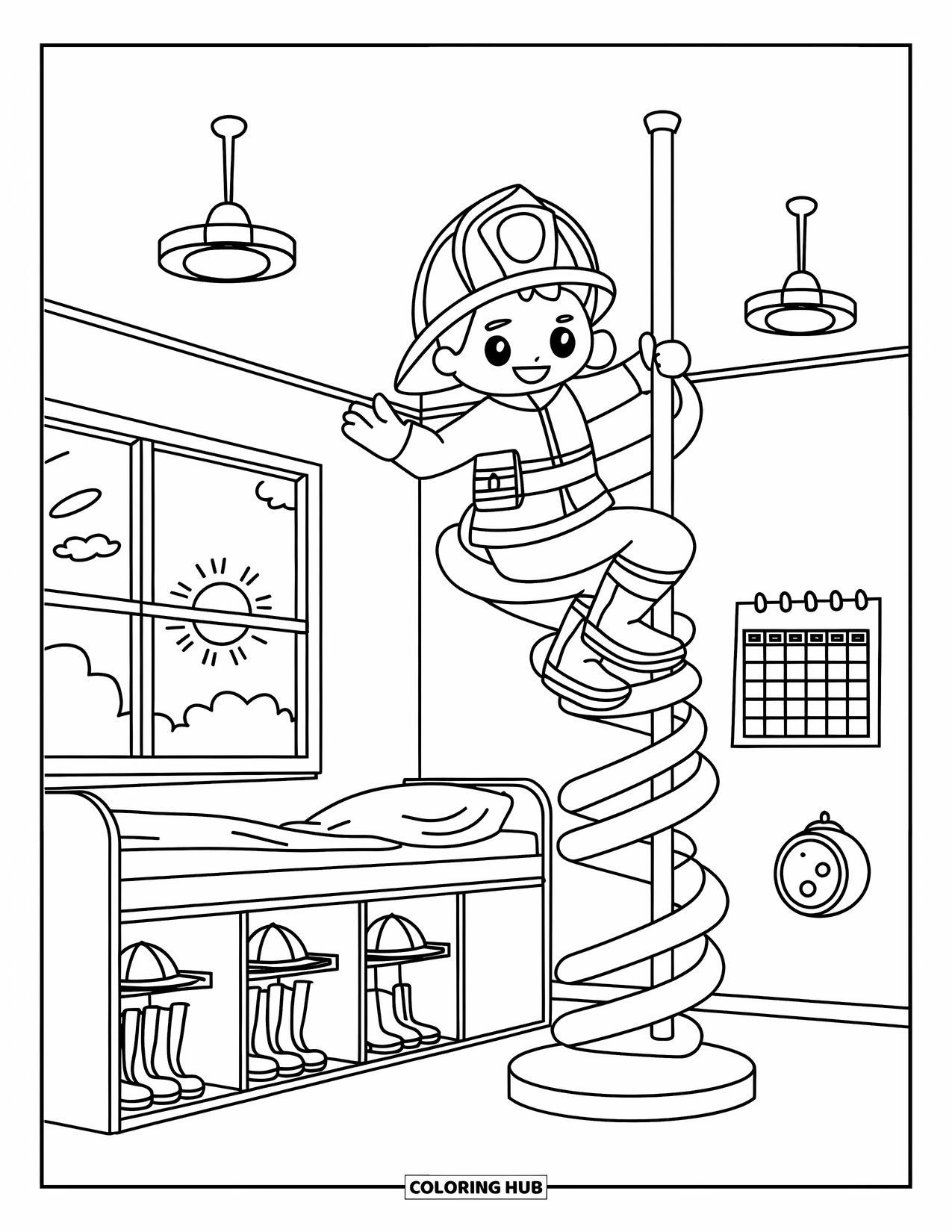 Fireman Coloring Page for Kids: A cheerful firefighter waves while sliding down a tall fire pole