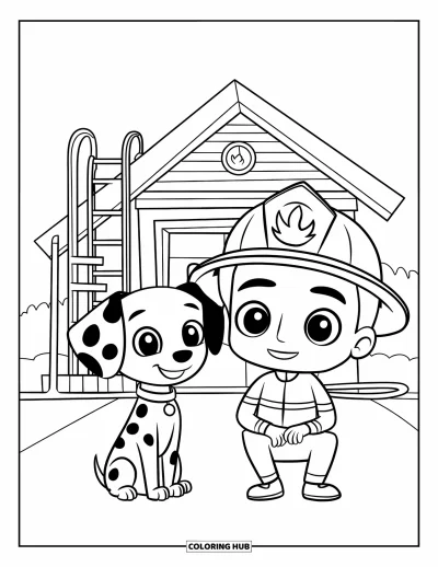 Disegno di pompiere da colorare per bambini: Un pompiere chibi e un dalmata riposano insieme vicino alla caserma