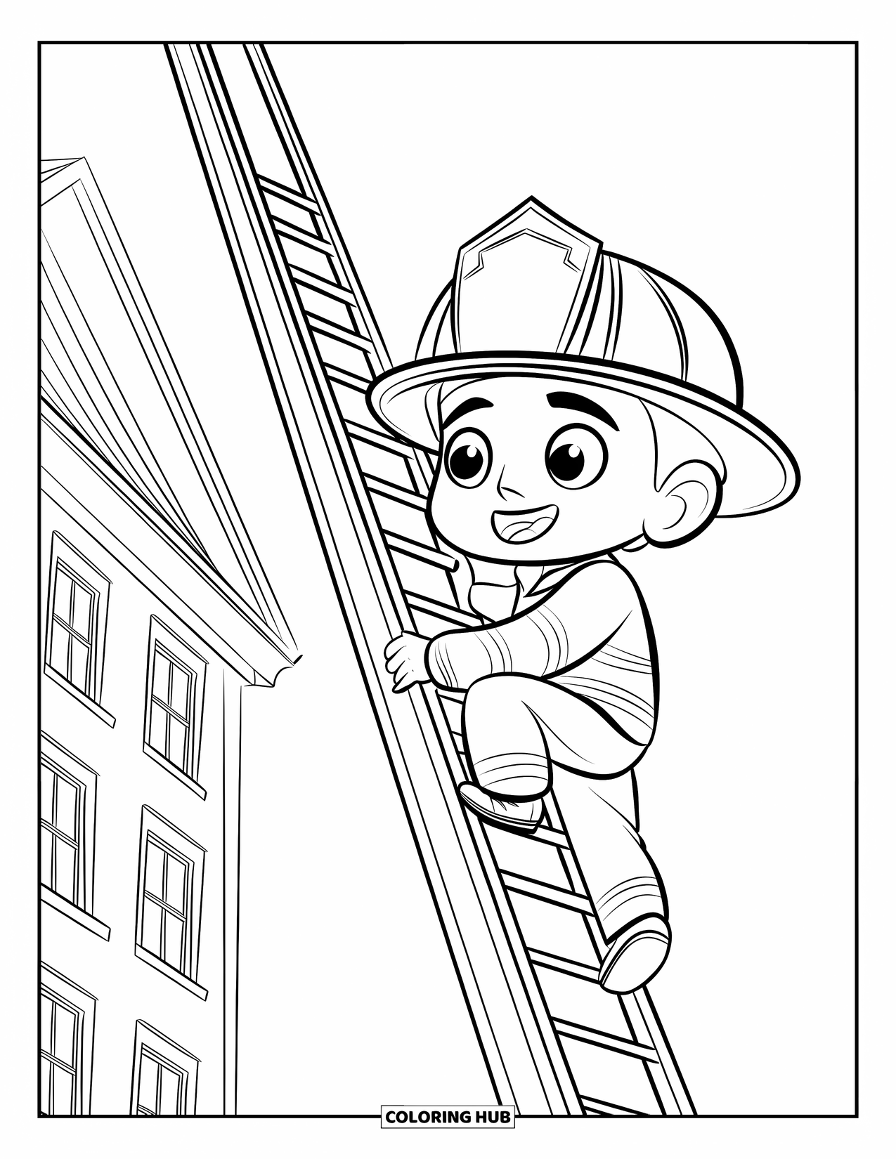 Fireman Coloring Page for Kids: A chibi firefighter climbs a tall ladder with a big happy smile