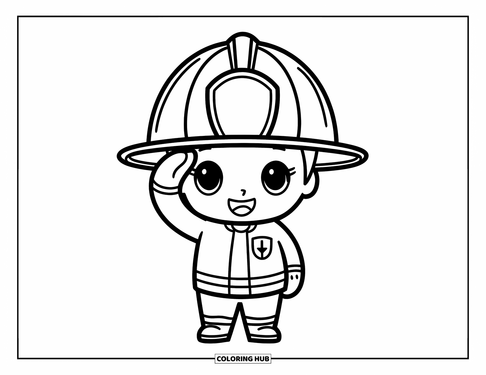 Fireman Coloring Page for Kids: A chibi firefighter salutes proudly with a giant helmet and gloves