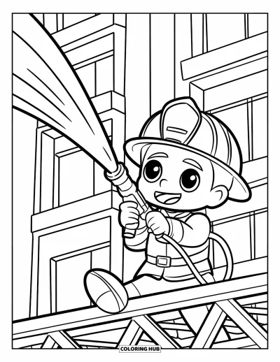 Disegno di pompiere da colorare per bambini: Un pompiere chibi spruzza acqua verso l'alto con un grande tubo