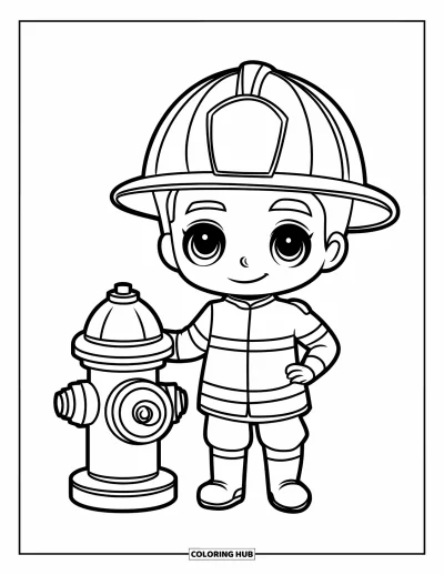 Disegno di pompiere da colorare per bambini: Un pompiere chibi sta accanto a un idrante con grandi stivali