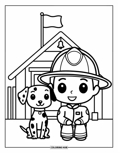 Disegno di pompiere da colorare per bambini: Un pompiere chibi e il suo dalmata siedono felici fuori dalla caserma