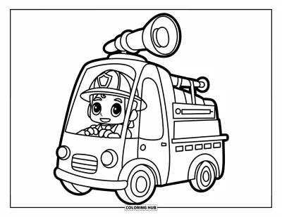 Disegno di pompiere da colorare per bambini: Un pompiere chibi guida un piccolo camion con una grande sirena sopra