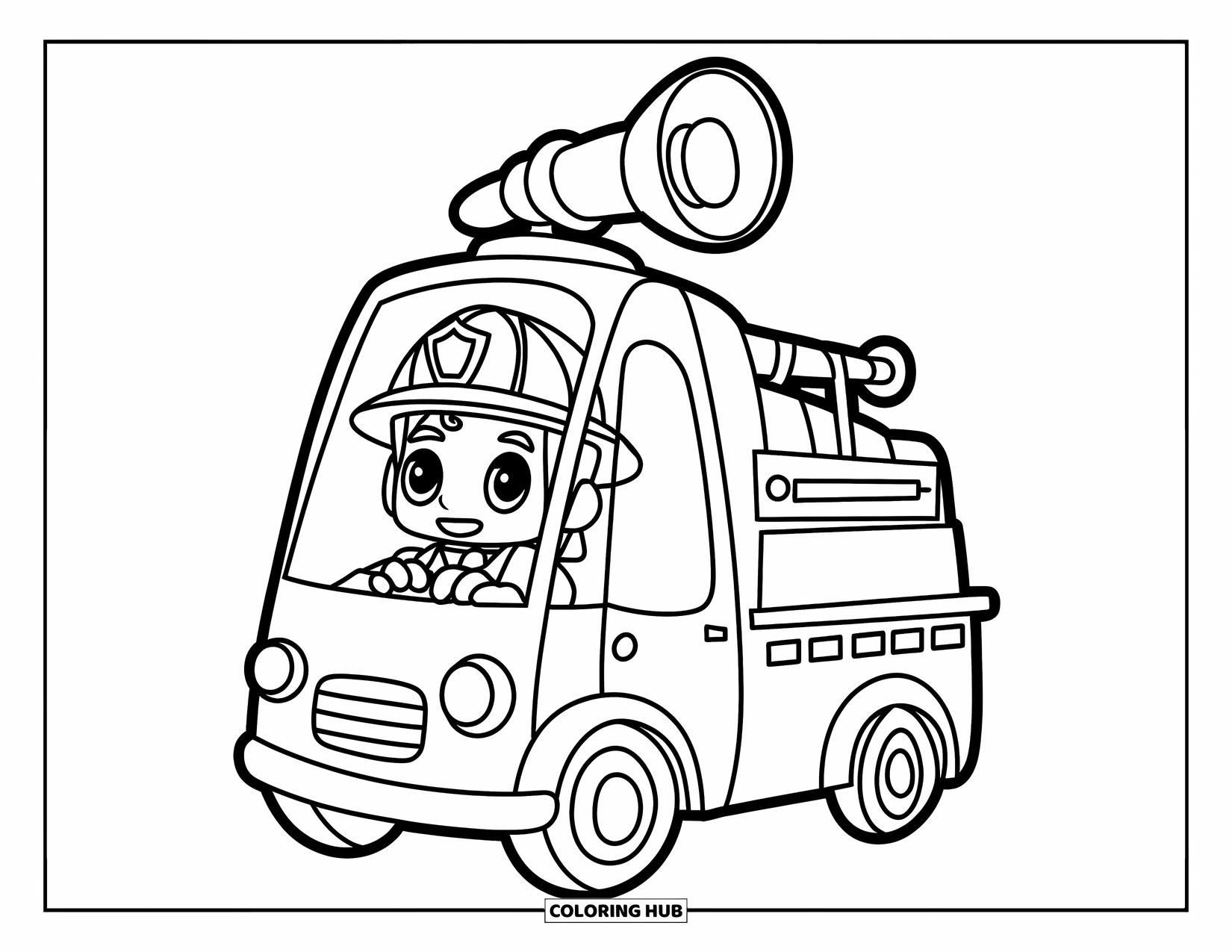 Fireman Coloring Page for Kids: A chibi fireman drives a tiny fire truck with a big siren on top