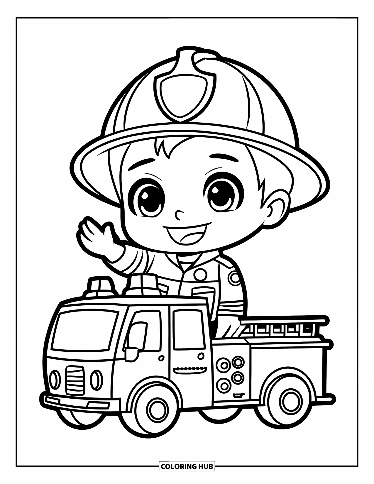 Fireman Coloring Page for Kids: A chibi fireman waves happily beside his tiny fire truck