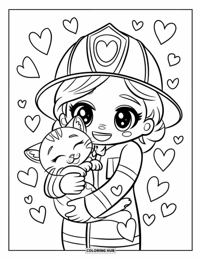 Disegno di pompiere da colorare per bambini: Un simpatico pompiere chibi tiene un gattino tra le braccia con cuoricini intorno