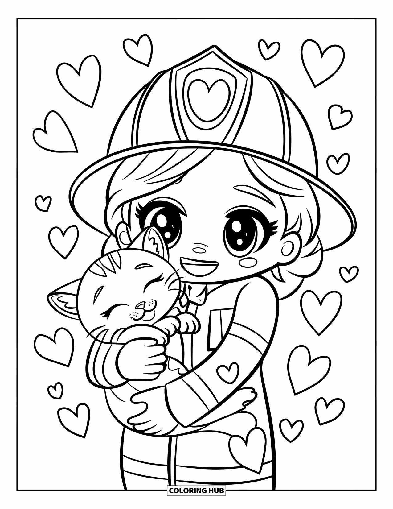 Fireman Coloring Page for Kids: A cute chibi fireman holds a kitten close with hearts floating around