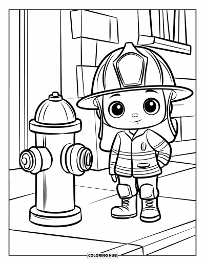 Disegno di pompiere da colorare per bambini: Un simpatico pompiere chibi sorride accanto a un idrante rotondo