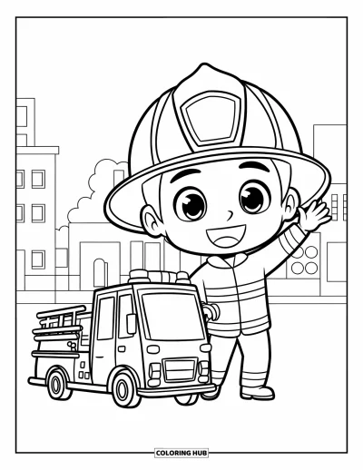 Disegno di pompiere da colorare per bambini: Un simpatico pompiere chibi saluta accanto al suo piccolo camion dei pompiere