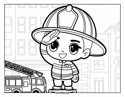 Disegno di pompiere da colorare per bambini: Un simpatico pompiere chibi saluta felicemente da un camion con scala