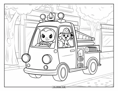 Disegno di pompiere da colorare per bambini: Un simpatico pompiere guida un piccolo camion con un dalmata al suo fianco