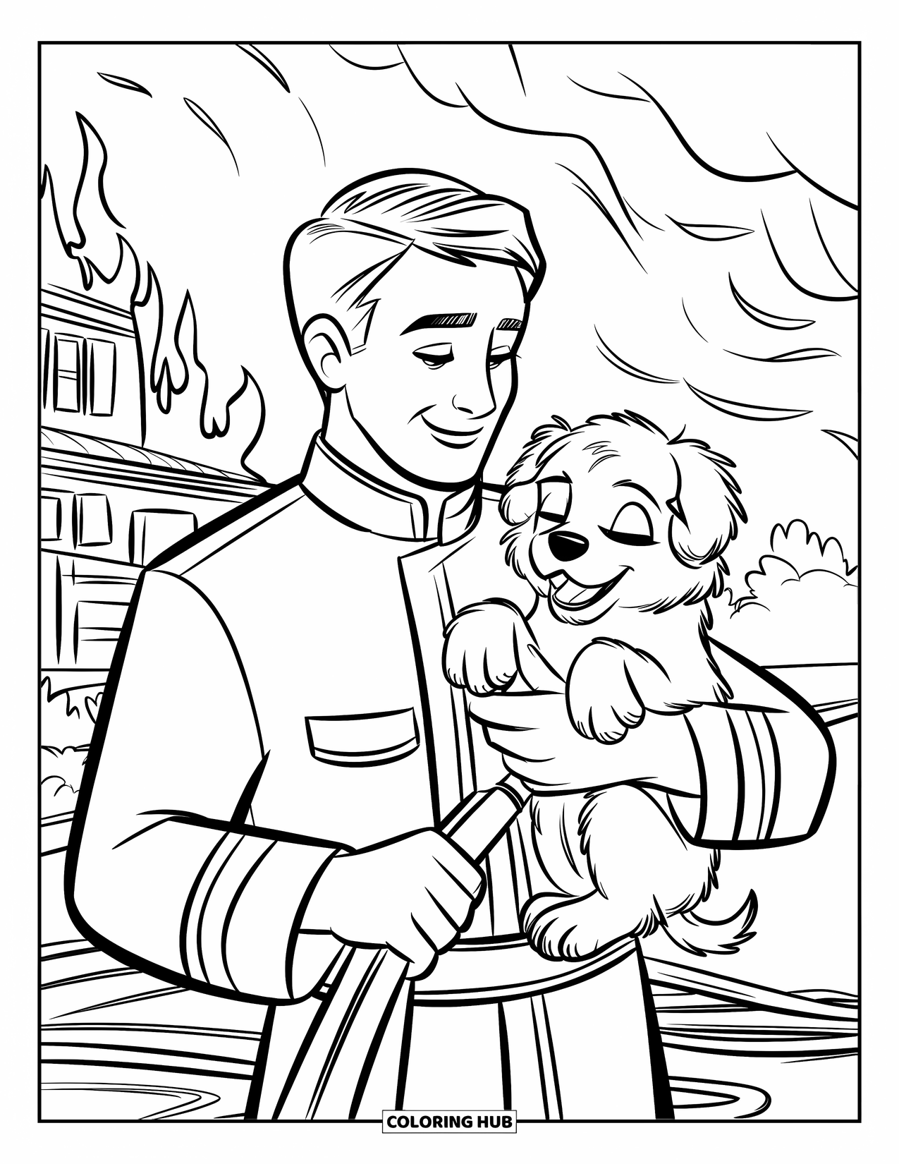 Fireman Coloring Page for Kids: A firefighter carries a puppy and a hose through the fire's glow