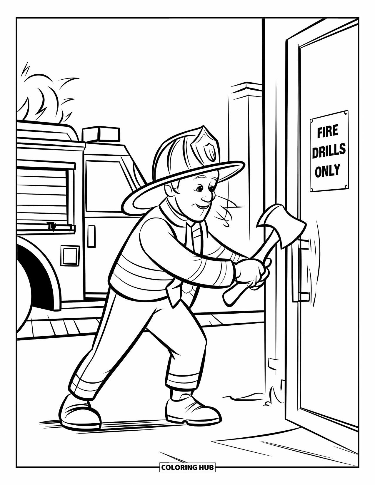 Fireman Coloring Page for Kids: A firefighter chops open a door during a practice rescue drill