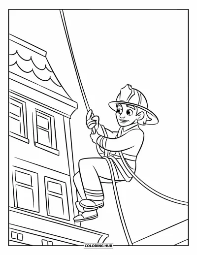 Disegno di pompiere da colorare per bambini: Un pompiere scende da una corda accanto a un alto edificio di mattoni