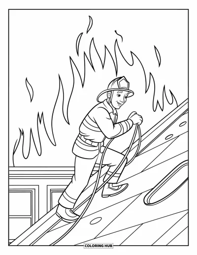Disegno di pompiere da colorare per bambini: Un pompiere sale attraverso il fumo per raggiungere le fiamme in alto