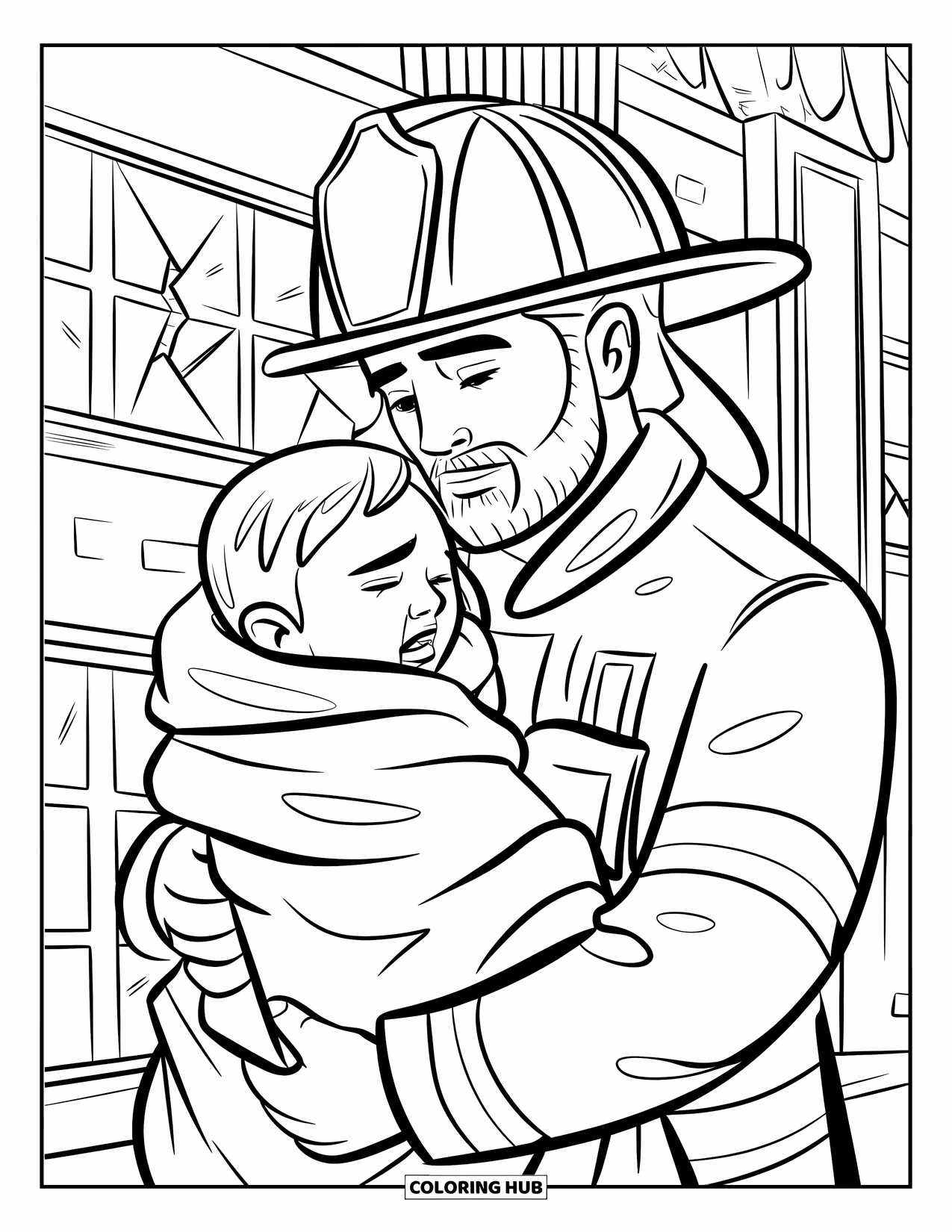 Fireman Coloring Page for Kids: A firefighter holds a rescued child close as smoke swirls nearby