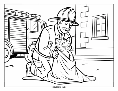 Disegno di pompiere da colorare per bambini: Un pompiere è inginocchiato accanto a un gattino salvato avvolto in un asciugamano