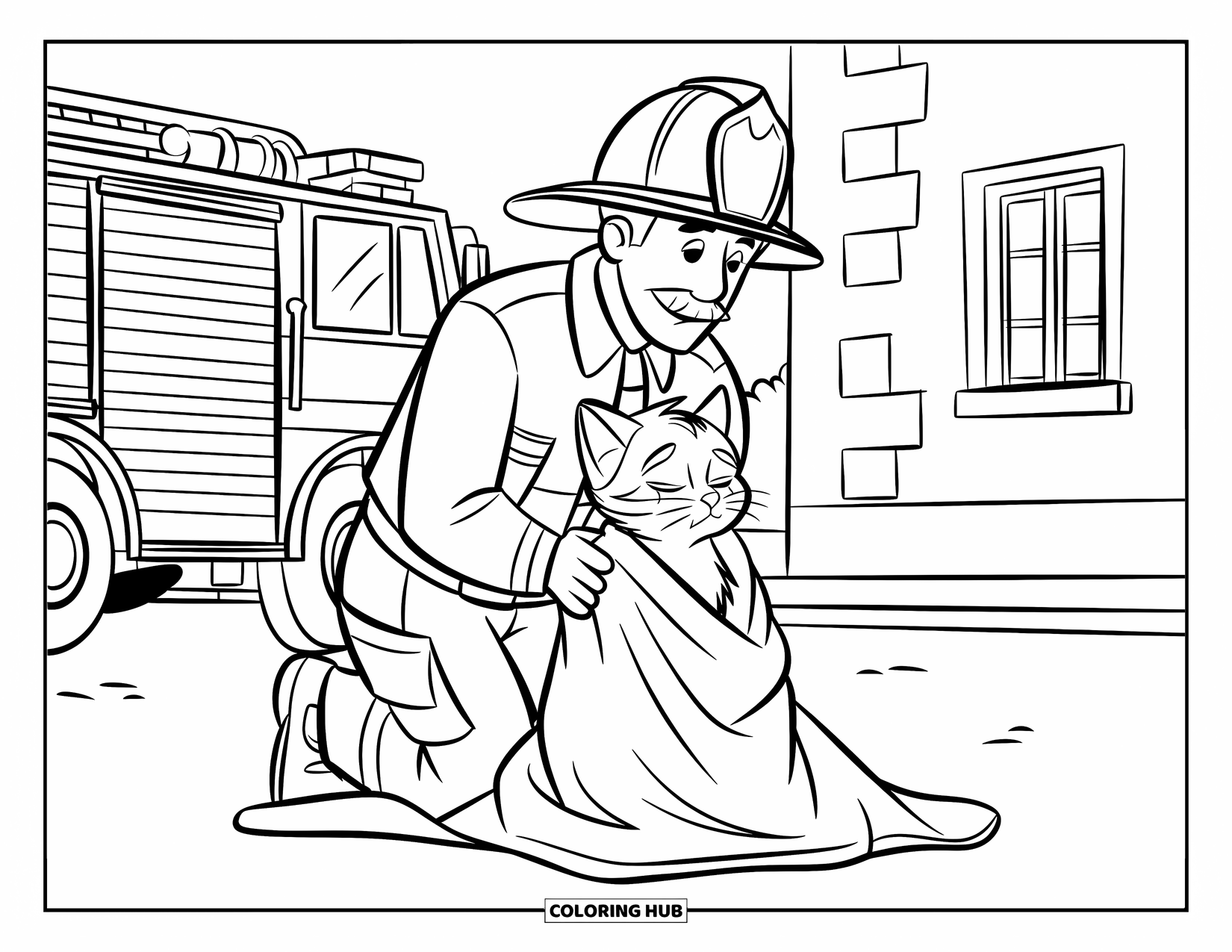 Fireman Coloring Page for Kids: A firefighter kneels beside a rescued kitten wrapped in a towel