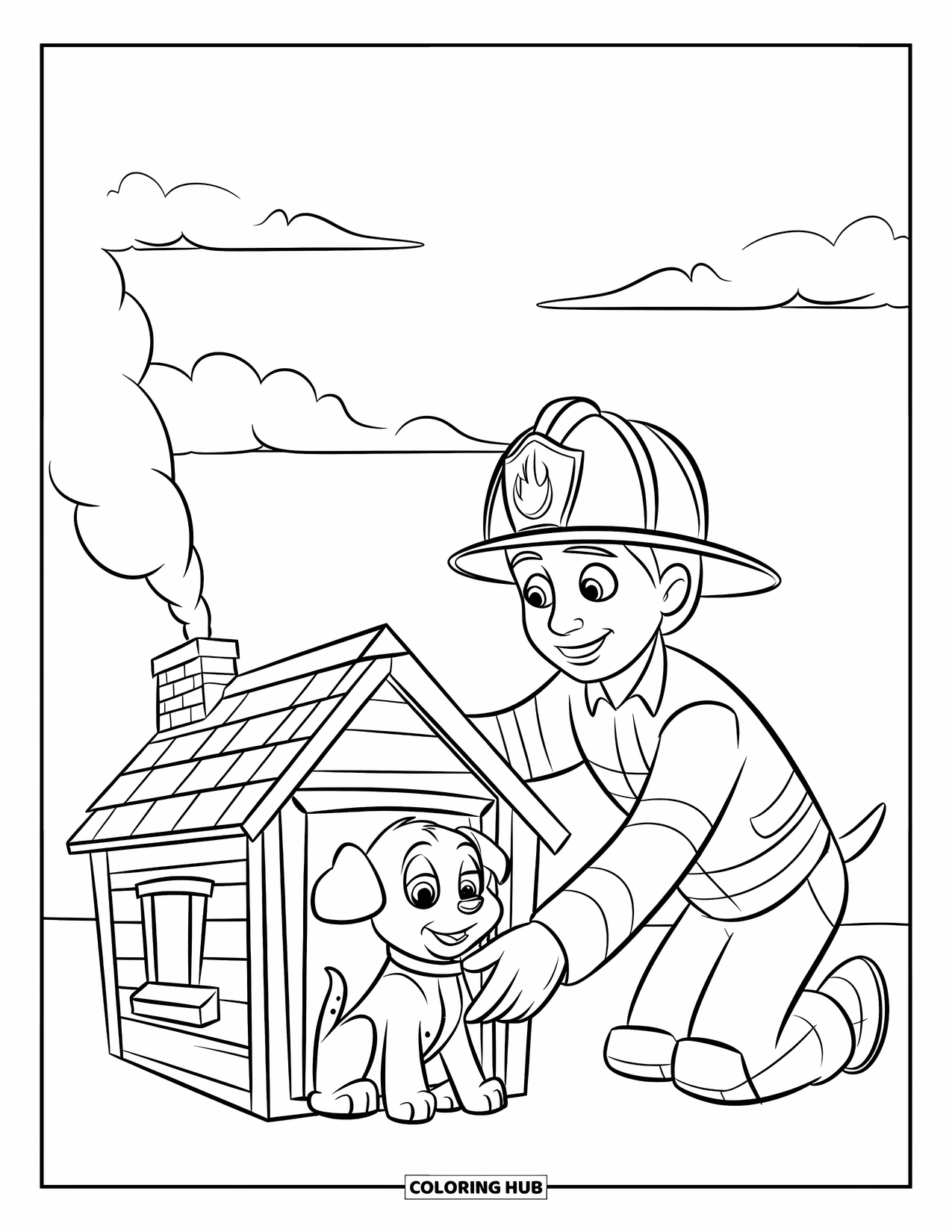 Fireman Coloring Page for Kids: A firefighter rescues a small puppy from a smoky little house