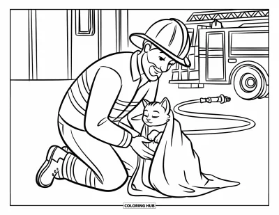 Disegno di pompiere da colorare per bambini: Un pompiere sorride mentre tiene in braccio un piccolo gattino salvato