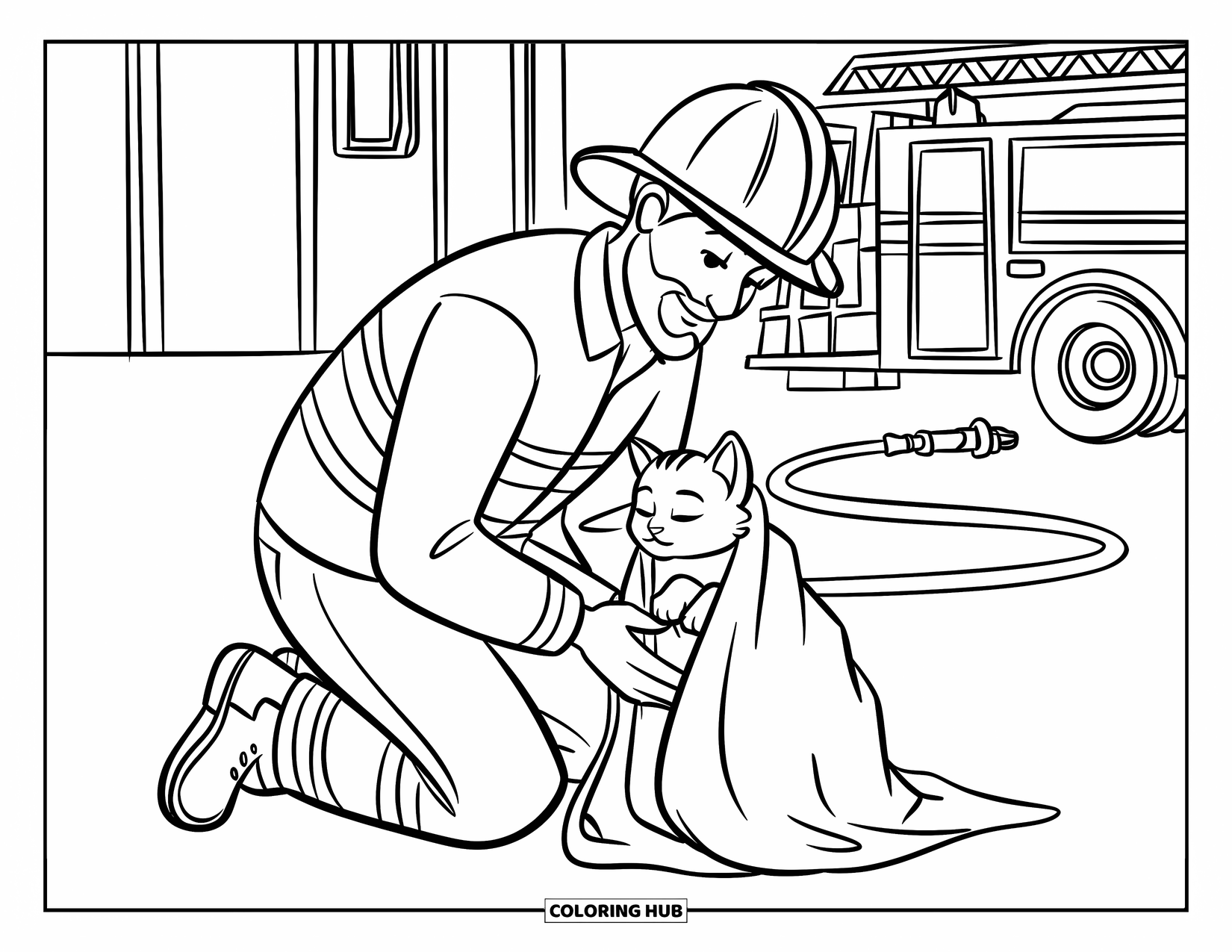 Fireman Coloring Page for Kids: A firefighter smiles as he cradles a tiny rescued kitten