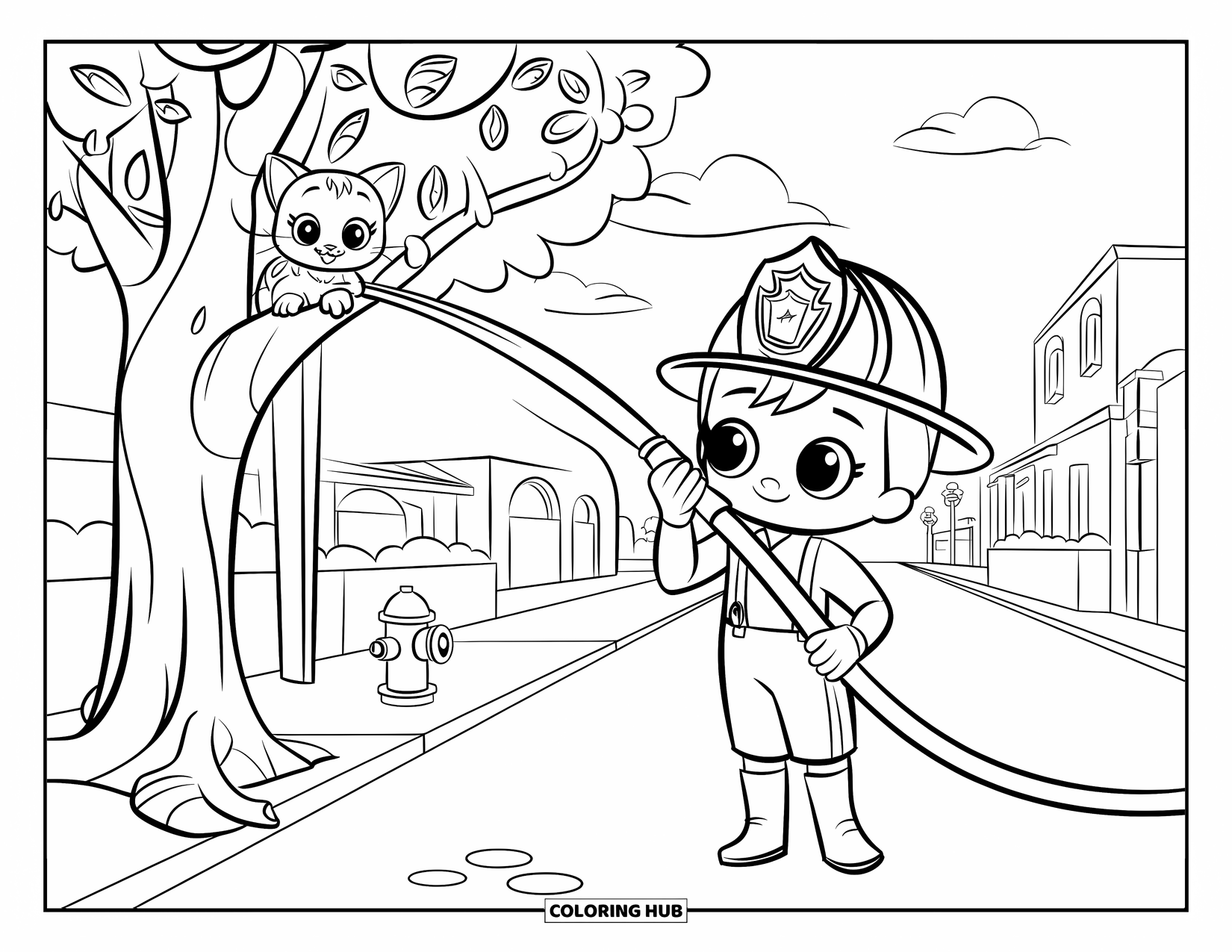 Fireman Coloring Page for Kids: A firefighter sprays water gently to save a kitten hiding in a tree